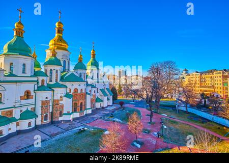 The snowy courtayrd of St Sophia National Sanctuary with medieval Cathedral, Kyiv, Ukraine Stock Photo