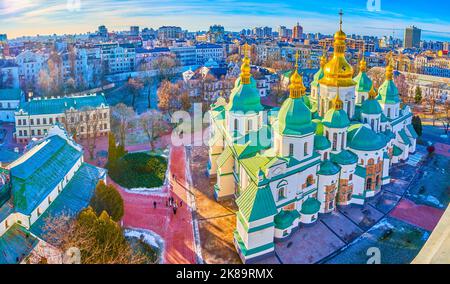 Panoramic view on St Sophia National Sanctuary with Cathedral from the top of Bell Tower during sunny winter day, Kyiv, Ukraine Stock Photo