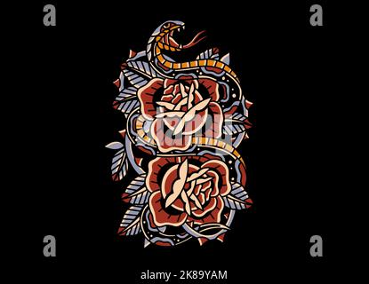 Old school traditional tattoo inspired cool graphic design illustration snake with roses for merchandise t shirts stickers wallpapers label logos Stock Photo