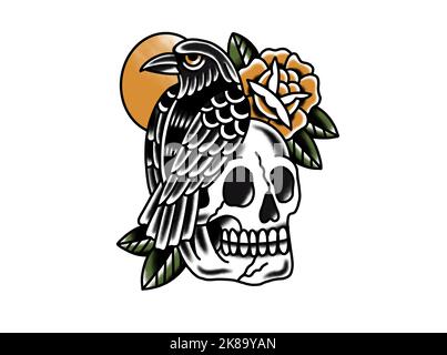 Old school traditional tattoo inspired cool graphic design illustration crow sitting on human skull for merchandise t shirts stickers wallpapers Stock Photo