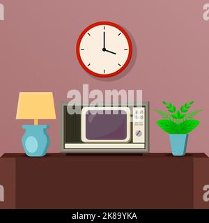 flat design vintage television on wood tables with plants and lamp Stock Vector