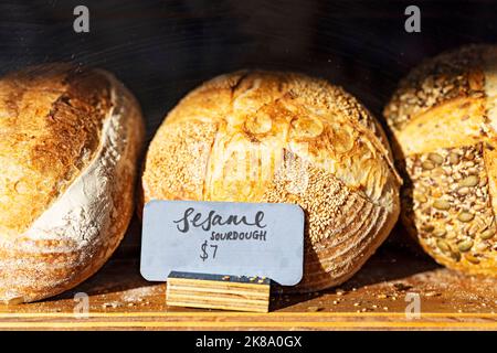 Food /  Loaves of freshly baked Sourdough bread in an Artisan Ballarat Bakery. Stock Photo