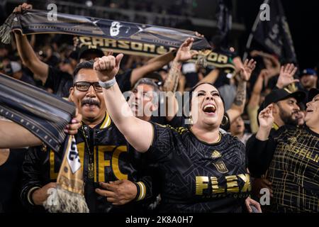 Fans of the LAFC 3252 celebrate during a MLS playoff match against the Los Angeles Galaxy, Thursday, October 20, 2022, at the Banc of California Stadi Stock Photo