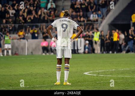 Los Angeles Galaxy forward Kévin Cabral (9) reacts after his team gives up the go ahead goal during a MLS playoff match against the Los Angeles FC, Th Stock Photo