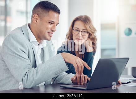 Laptop, communication and employees planning, working and meeting with ideas on the internet together at work. Happy, business and corporate workers Stock Photo