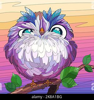 cartoon illustration of a cute baby owl on a branch Stock Photo