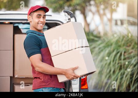 Delivery man, box and courier service with package, shipment or parcel from van transportation outdoor. Cargo vehicle, logistics and portrait of Stock Photo