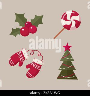 Cartoon set of Christmas stickers pair of mittens Christmas tree Christmas berry and round lollipop Stock Vector