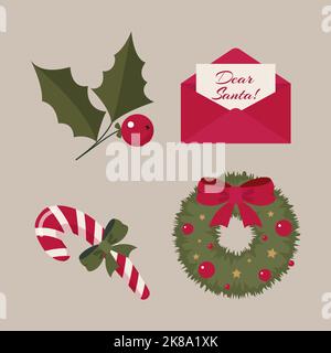 Cartoon set of Christmas elements wreath with bow envelope with letter for Santa lollipop and Christmas berry Stock Vector