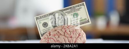 Banknote put in anatomical model of human brain, mess of business papers on desk Stock Photo