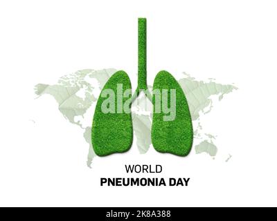 World Pneumonia Day concept. 3D Lungs with a grass texture isolated on a background of a world map. illustration design. Stock Photo