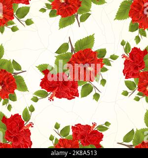 Seamless texture two red hibiscus  stem  tropical flower cracks in the porcelain vintage hand draw vector illustration Stock Vector