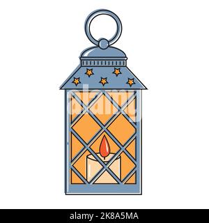 Interior landscape Christmas lantern with candle, color vector illustration in cartoon style Stock Vector