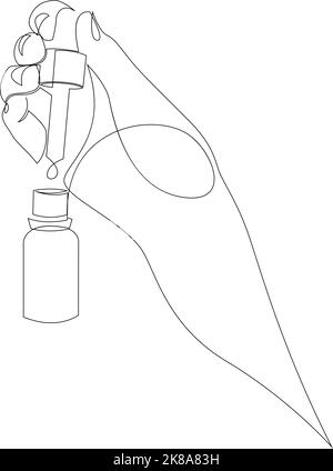 Continuous one line drawing of hand holding glass pipette. Essential oils bottle minimalism design. Vector illustration Stock Vector