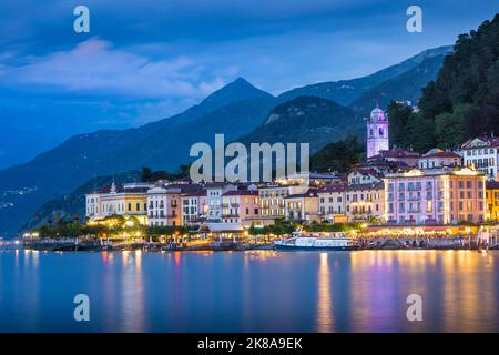Bellagio Lake Como, scenic evening view across Lake Como of the attractive lakeside town of Bellagio, Italian Lakes, Lombardy, Italy Stock Photo
