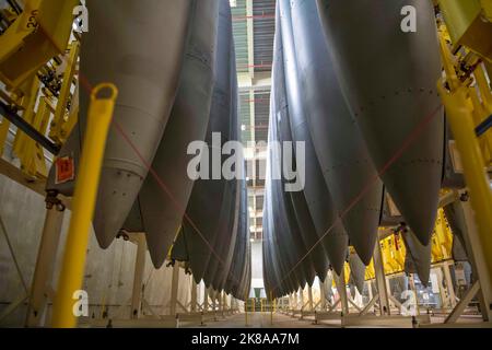 Kadena Air Base, Okinawa, Japan. 16th Sep, 2022. External aircraft fuel tanks are arranged on the vertical tank storage system in an 18th Component Maintenance Squadron fuels building at Kadena Air Base, Japan, Sept. 16, 2022. The high-density storage system requires approximately 88 percent less space per tank than horizontal storage. Credit: U.S. Air Force/ZUMA Press Wire Service/ZUMAPRESS.com/Alamy Live News Stock Photo