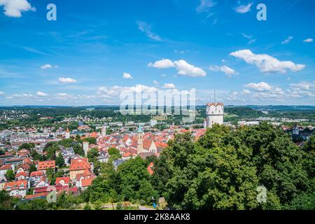 Germany, Panorama view ravensburg city skyline beautiful village in summer blue sky sun above roofs buildings and tower Stock Photo