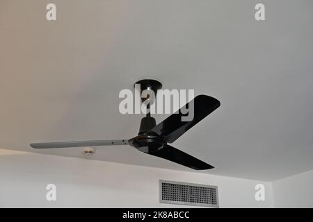 View on black ceiling fan with tree blades made from plastic installed in hotel room for supporting air condition. Stock Photo