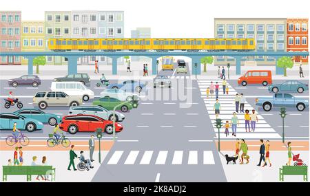 Car on the road junction in traffic jam with pedestrian crossing, illustration Stock Vector