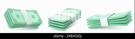 3d render money banknote piles side, front, angle view. Isolated green dollar packs on white background. Paper currency bills, finance, jackpot, salar Stock Vector