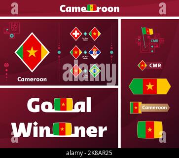 cameroon national team design media kit graphic collection. 2022 world Football or Soccer Championship design elements vector set. Banners, Posters, S Stock Vector