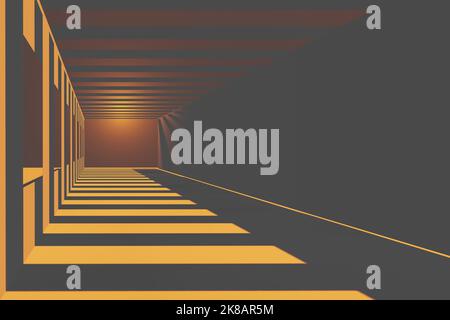 futuristic dark tunnel with orange lights and long deep shadows 3d render. Stock Photo