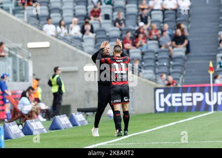 SYDNEY, AUSTRALIA - OCTOBER 22: Sulejman Krpic of Western Sydney Wanderers gives a high five to Coach Marko Rudan after scoring a goal during the match between Western Sydney Wanderers FC and Brisbane Roar at CommBank Stadium on October 22, 2022 in Sydney, Australia Credit: IOIO IMAGES/Alamy Live News