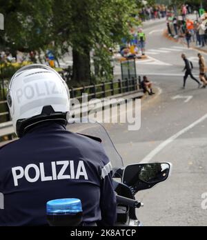 Vicenza, VI, Italy - October 9, 2022: biker policeman on motorcycle with  text POLIZIA which means POLICE in Italian language Stock Photo