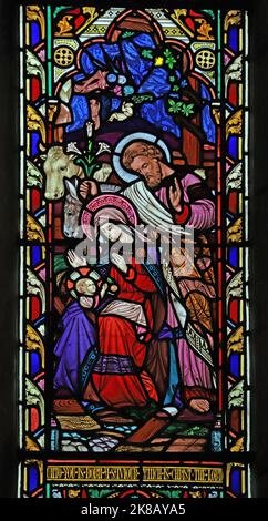 A stained glass window by Lavers and Barraud 1861 depicting the Nativity, Church of St John the Evangelist, Gressingham, Lancashire Stock Photo