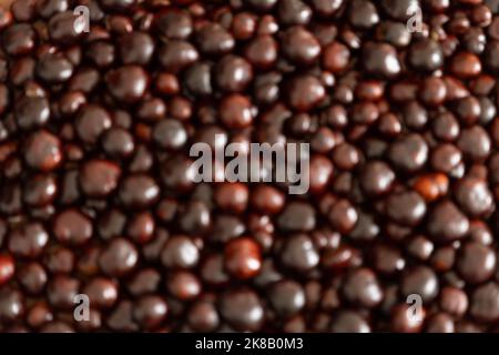 Softly focused horse chestnuts form a dense autumn background of glossy dark brown seeds with pale highlights, viewed from above. Stock Photo