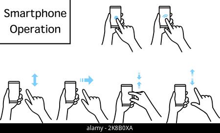 Illustration of actions to operate a smartphone (pinch, zoom, swipe, flick, tap, double-tap) Stock Vector