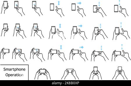 Illustration of actions to operate a smartphone (pinch, zoom, swipe, flick, tap, double-tap) Stock Vector