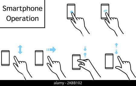 Illustration of actions to operate a smartphone (pinch, zoom, swipe, flick, tap, double-tap) Stock Vector