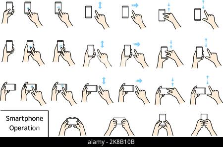 Illustration of actions to operate a smartphone (pinch, zoom, swipe, flick, tap, double-tap) Stock Vector