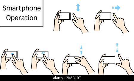 Illustration of actions to operate a smartphone (pinch, zoom, swipe, flick, tap, double-tap) Stock Vector