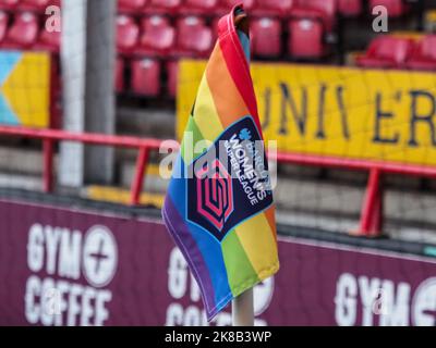 Walsall, UK. 22nd Oct, 2022. Walsall, England, October 22nd 2022: Rainbow corner flag during the Barclays FA Womens Super League match between Aston Villa and Everton at Bescot Stadium in Walsall, England (Natalie Mincher/SPP) Credit: SPP Sport Press Photo. /Alamy Live News Stock Photo