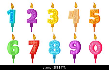 Birthday candles with numbers and fire. Set colored icons for anniversary or party celebration. Holiday candlelight with wax and funny cartoon candle Stock Vector