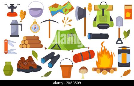Outing equipment for hiking trips. Summer travel and camp adventure outdoor icon set. Collection of tourist tool and campground. Cartoon elements recr Stock Vector