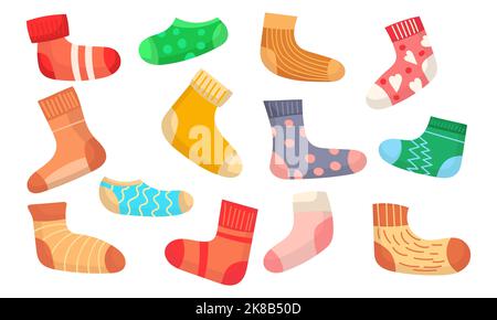 Woolen socks for feet icon set. Accessory cotton collection and cartoon clothes. Textile color garment and cute apparel. Knitted and cozy for foot. Pa Stock Vector