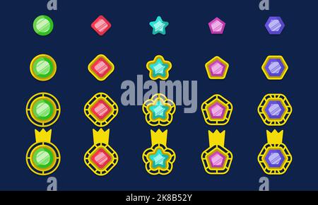 Game gem progress set and cartoon gui icon. Collection level up award amulet and asset interface. Jewelry achievement insignia and diamond token with Stock Vector