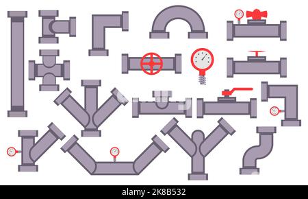 Set metal pipes. Collection icons for pipeline and water tube construction. Industrial pipe for water with a valve or gas. Factory element connection Stock Vector