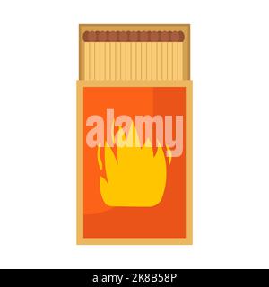 Matchbox vector illustration icon isolated white background. Match box with wooden stick and fire. Wooden danger flammable and symbol igniting. Househ Stock Vector