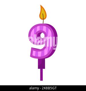 Birthday candles with numbers nine and fire. Colored icon for anniversary or party celebration. Holiday candlelight with wax and funny cartoon candle Stock Vector