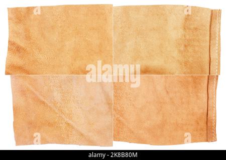 Collection of brown leather textures isolated on white background. Rough uneven edges. Rectangular composite image of leather textures Stock Photo