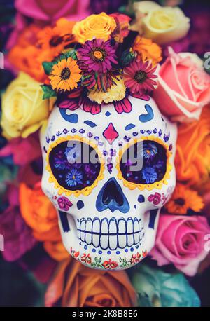 Colorful candy sugar skulls with flowers on Day of the Dead festival in Mexico. Stock Photo