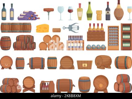 Winery rack icons set cartoon vector. Wine bottle inside wooden cabinet ...