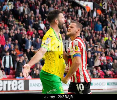 Billy Sharp #10 of Sheffield United reacts to a foul by Grant Hanley #5 of Norwich City during the Sky Bet Championship match Sheffield United vs Norwich City at Bramall Lane, Sheffield, United Kingdom, 22nd October 2022  (Photo by Steve Flynn/News Images) Stock Photo