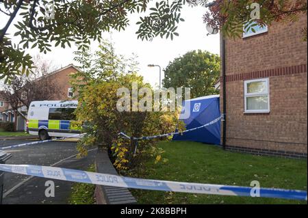 Washington Drive, Birmingham - October 22nd 2022 - A woman collapsed onto the ground with grief crying out for her 'brother' who was stabbed and killed on Washington Drive in Handsworth Wood just after 11pm last night (21 Oct). The 29-year-old victim, named locally as 'Jamie' was stabbed to death. The woman was consoled by a family friend as she screamed out in agony. Floral tributes and bottles of beer were left at the scene along with heartfelt messages from friends and family. Credit: Scott CM/Alamy Live News Stock Photo