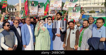 Supporters and activists of Tehreek-e-Insaf (PTI) are holding protest demonstration against disqualification of Imran Khan, Former Prime Minister in Toshakhana case, outside Punjab Assembly building in Lahore on Saturday, October 22, 2022. Stock Photo