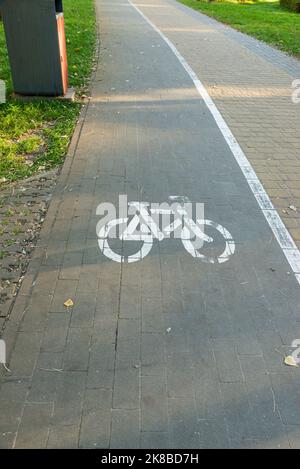 Separate bicycle lane for riding bicycles. White painted bike on asphalt. Ride ecological green urban transport Stock Photo